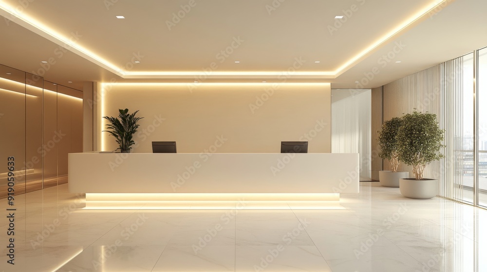 Modern Minimalist Reception Desk with LED Lighting in a Spacious Lobby Modern Minimalist Reception Desk with LED Lighting in a Spacious Lobby
