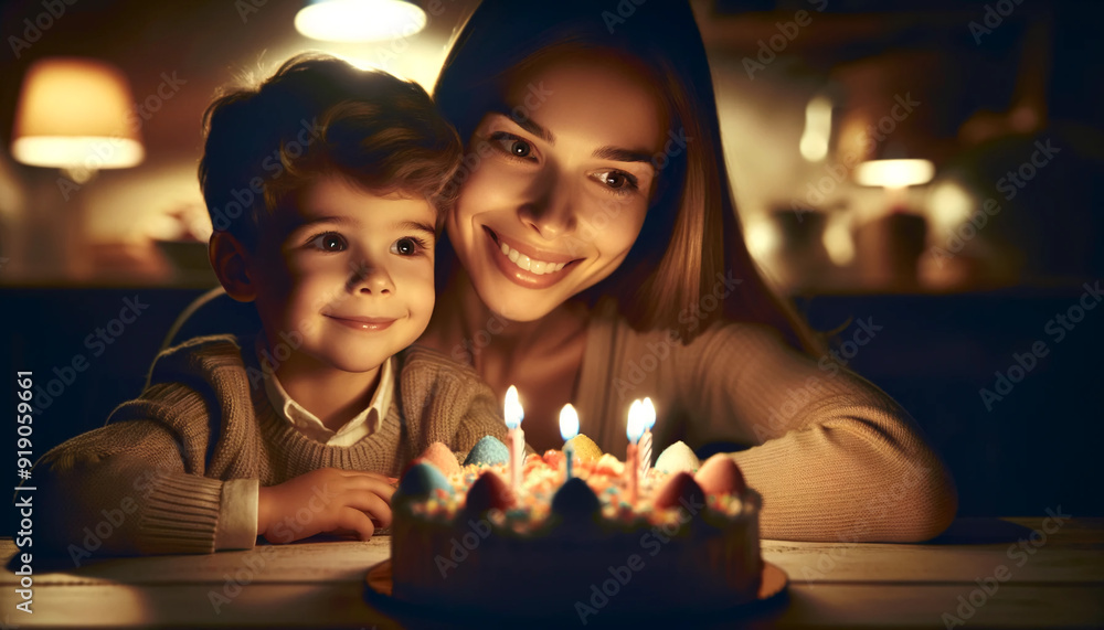 Mom and her son sitting at a table, both focused intently on a birthday cake in front of them. Mom and her son sitting at a table, both focused intently on a birthday cake in front of them.