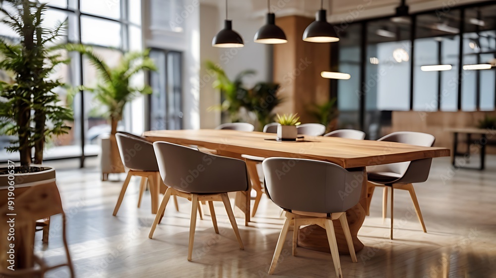 Coworking area with blurred background displaying modern office furniture and decor Coworking area with blurred background displaying modern office furniture and decor