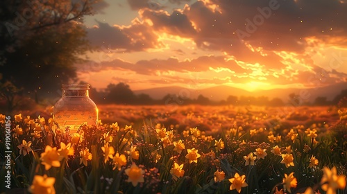 A daffodil garden at sunset, rows of blooming daffodils, golden and pink hues in the sky, soft shadows, enchanting and serene atmosphere, anime style, hd quality, natural look. --ar 16:9 --v 6.0