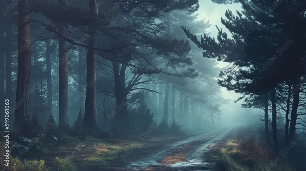 Obraz premium Misty Forest Pathway in Early Morning Light with Tall Pine Trees and Dense Fog Creating a Serene and Mysterious Atmosphere