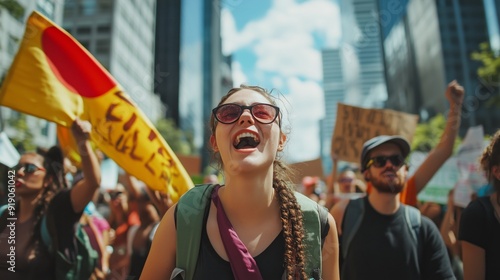 Fototapeta Naklejka Na Ścianę i Meble -  A group of people are holding up signs and one of the signs says 