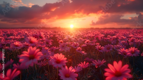 A daisy garden at sunset, rows of blooming daisies, golden and pink hues in the sky, soft shadows, enchanting and serene atmosphere, anime style, hd quality, natural look. --ar 16:9 --v 6.0