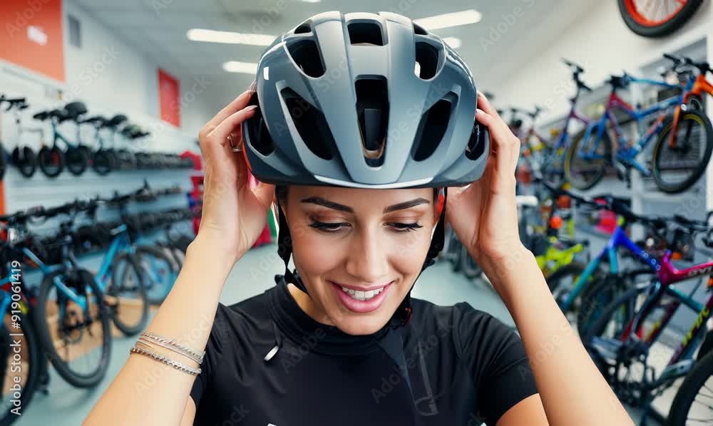 Close-up video of a young woman preparing for a bike ride in a lively bike shop Close-up video of a young woman preparing for a bike ride in a lively bike shop