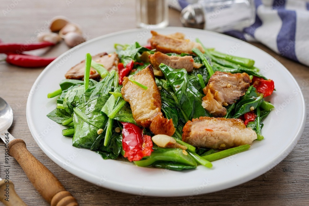 Stir fried Chinese Broccoli with crispy pork,Crispy pork with Chinese broccoli,Stir fried crispy pork in kale in a white plate on wooden background Stir fried Chinese Broccoli with crispy pork,Crispy pork with Chinese broccoli,Stir fried crispy pork in kale in a white plate on wooden background