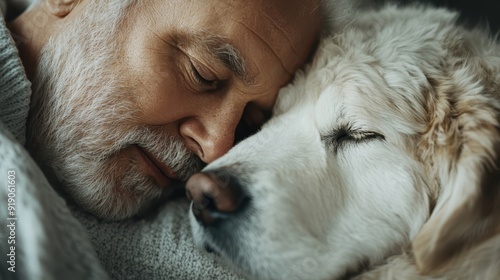 A man and his golden retriever are pictured sleeping, emphasizing a serene and intimate moment of coziness and mutual trust between them. Captures pure affection. photo