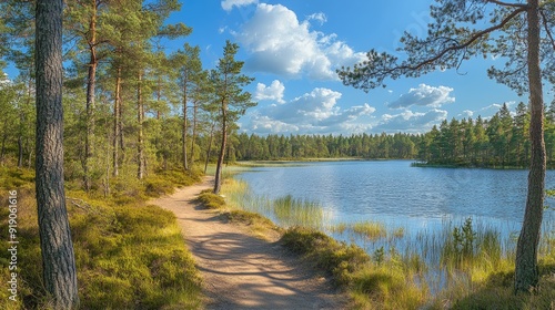 Serene Forest Path Along Tranquil Lake Under Blue Sky with Fluffy Clouds in Summer