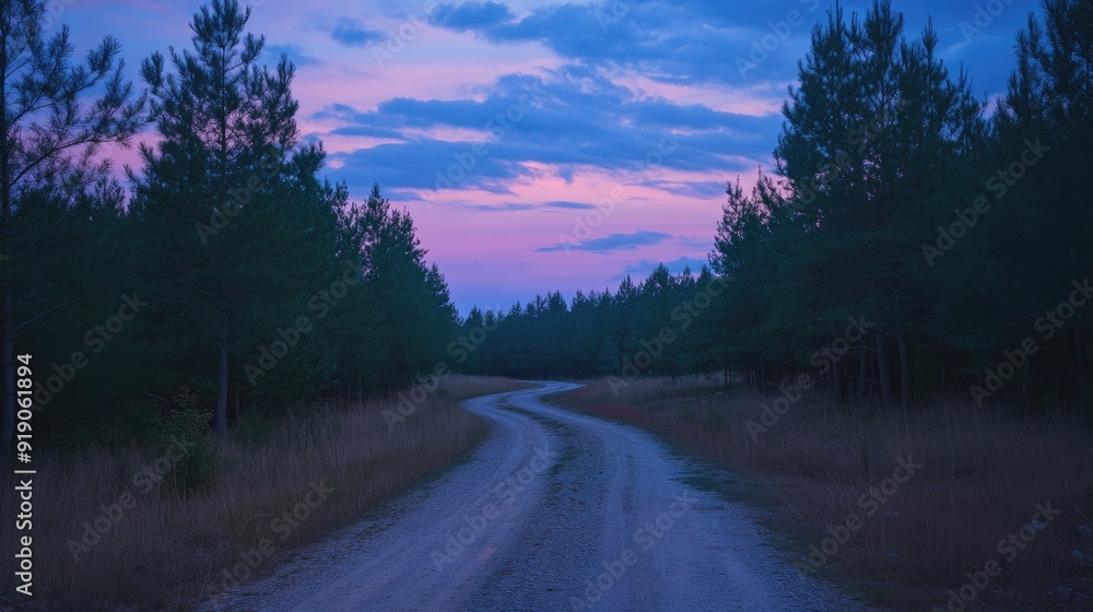 Obraz premium Serene Dirt Road Through Forest at Twilight with Vibrant Purple and Pink Sky