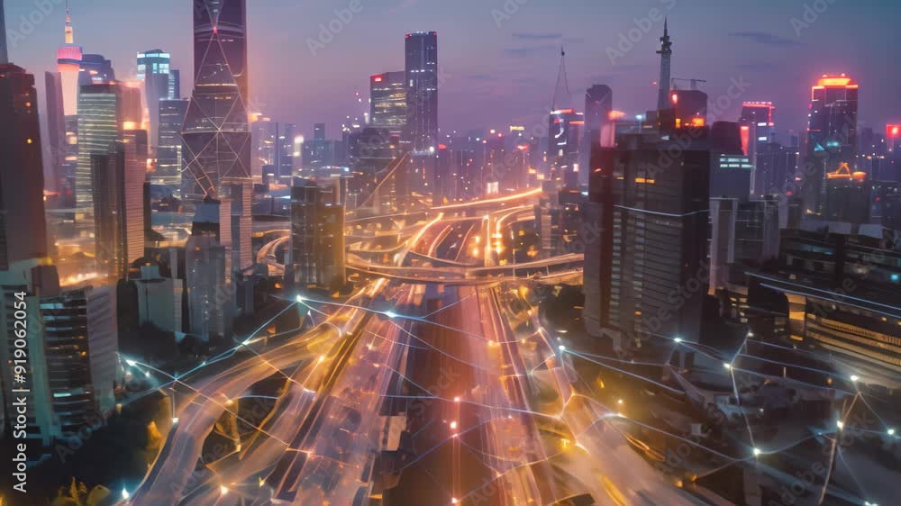 City lights shine brightly at night in a digitally connected urban landscape, The heart of a digitally-connected city, where smart devices and sensors gather real-time information for decision-making City lights shine brightly at night in a digitally connected urban landscape, The heart of a digitally-connected city, where smart devices and sensors gather real-time information for decision-making