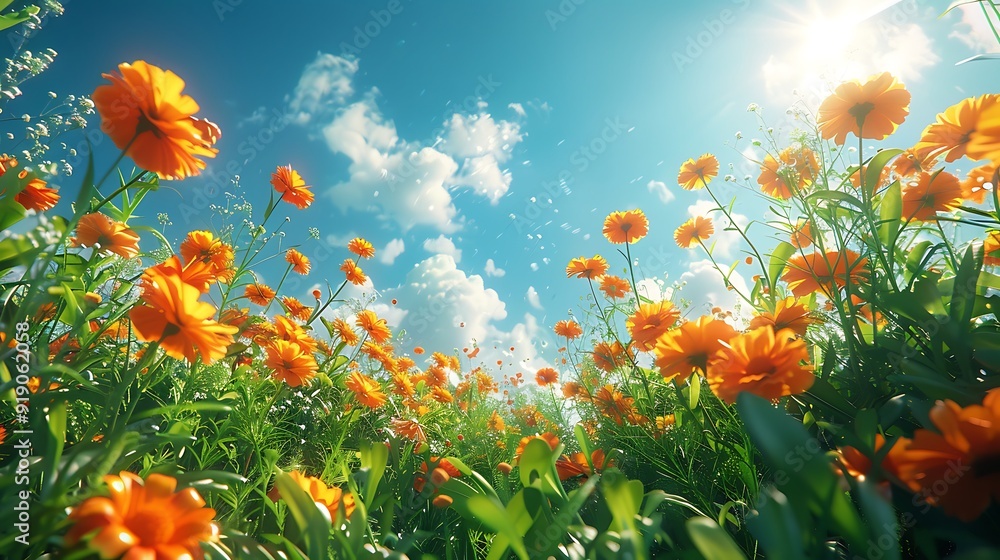 A field of marigolds under a clear blue sky, bright and vivid, sun shining overhead, gentle breeze, anime style, hd quality, vibrant colors, soft lighting. --ar 16:9 --v 6.0 A field of marigolds under a clear blue sky, bright and vivid, sun shining overhead, gentle breeze, anime style, hd quality, vibrant colors, soft lighting. --ar 16:9 --v 6.0