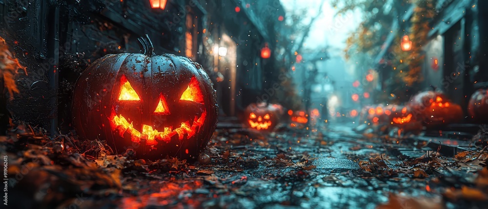An eerie alleyway with flickering lanterns and carved pumpkins lining the walls, casting haunting shadows in the dim light An eerie alleyway with flickering lanterns and carved pumpkins lining the walls, casting haunting shadows in the dim light