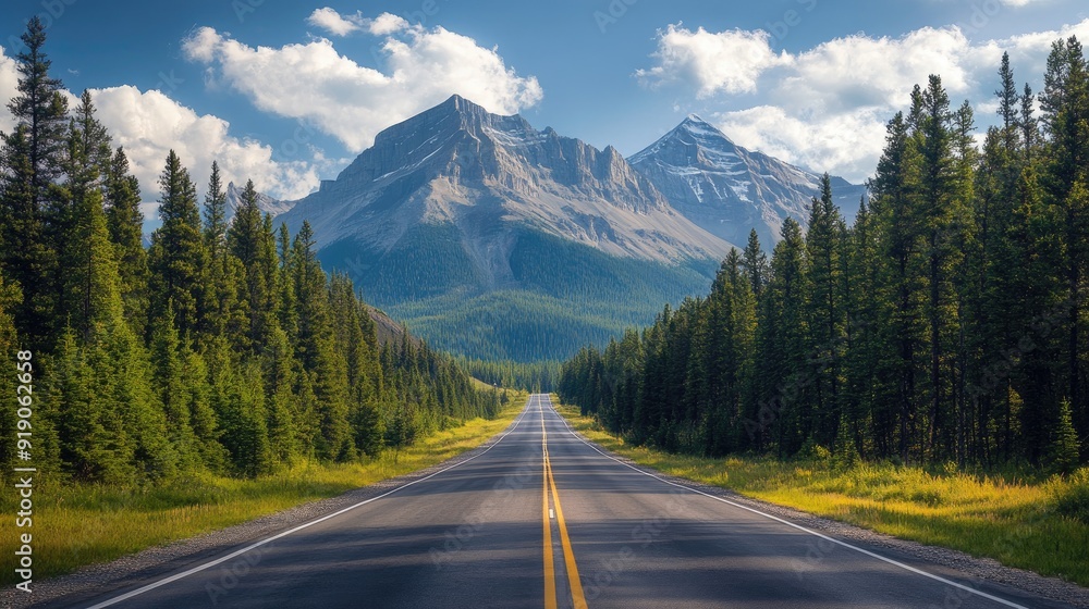 Scenic Mountain Road with Lush Green Forest and Majestic Peaks Under a Clear Blue Sky Scenic Mountain Road with Lush Green Forest and Majestic Peaks Under a Clear Blue Sky