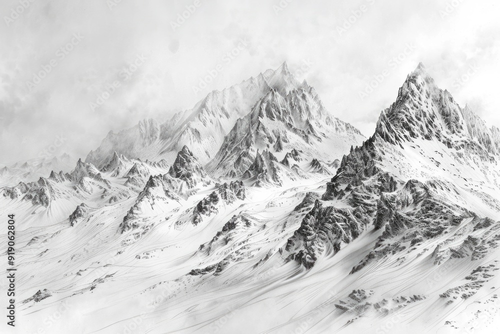 A black and white photograph of snow-covered mountains A black and white photograph of snow-covered mountains