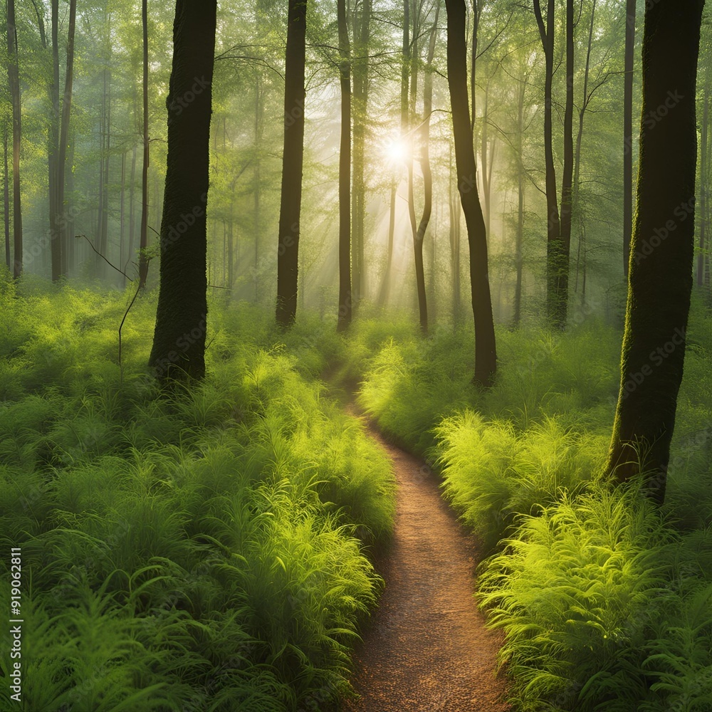 Obraz premium Energizing Morning Walk Through Dew-Covered Forest