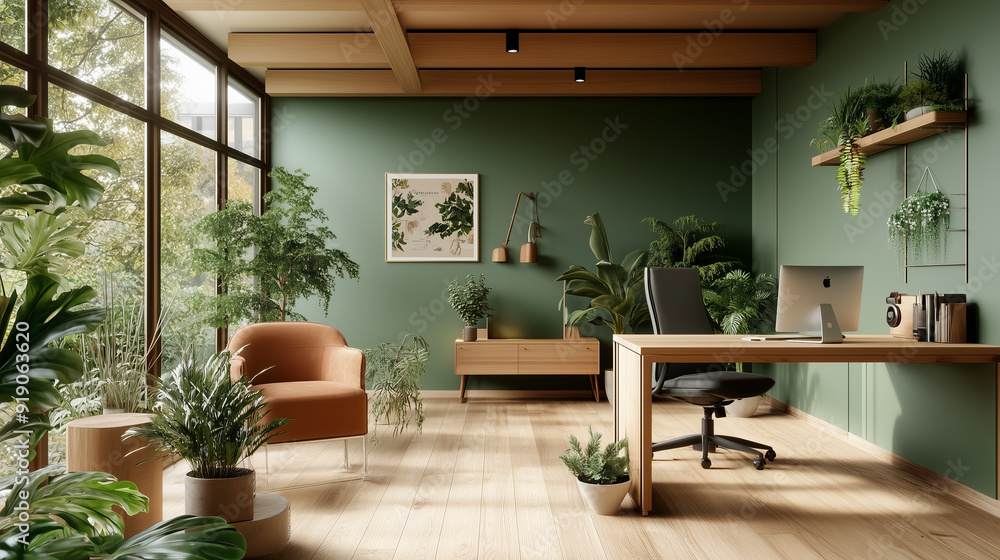 The workspace is adorned with clean lines and subtle decor, blending seamlessly with plants and wooden accents. The workspace is adorned with clean lines and subtle decor, blending seamlessly with plants and wooden accents.