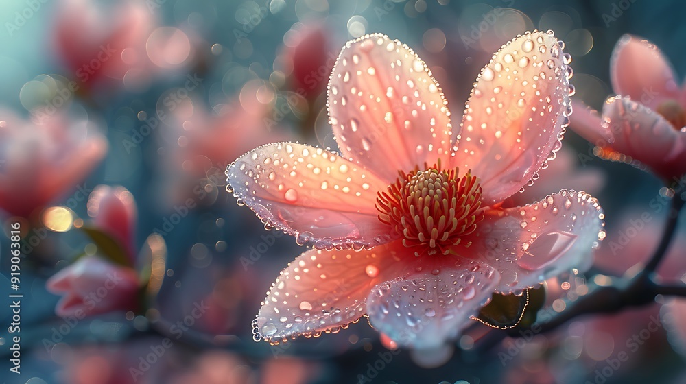 A magnolia flower with dew-covered petals, early morning light, serene and fresh, detailed textures and colors, anime style, hd quality, natural look. --ar 16:9 --v 6.0 A magnolia flower with dew-covered petals, early morning light, serene and fresh, detailed textures and colors, anime style, hd quality, natural look. --ar 16:9 --v 6.0