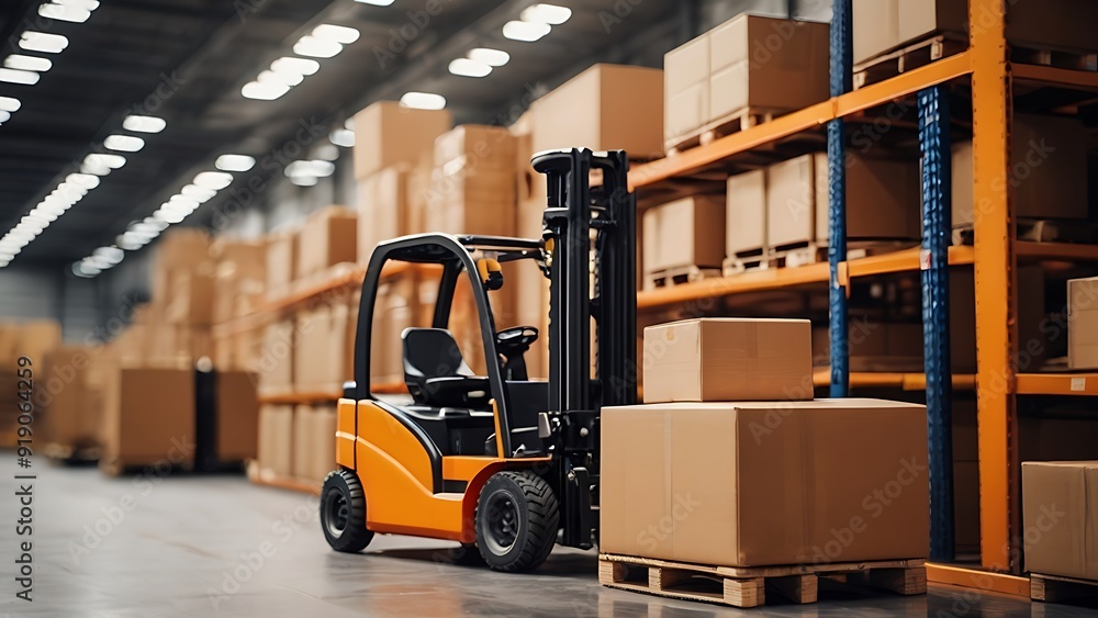 forklift truck lifting wooden pallet cartoon boxes in a warehouse full of containers and packages forklift truck lifting wooden pallet cartoon boxes in a warehouse full of containers and packages