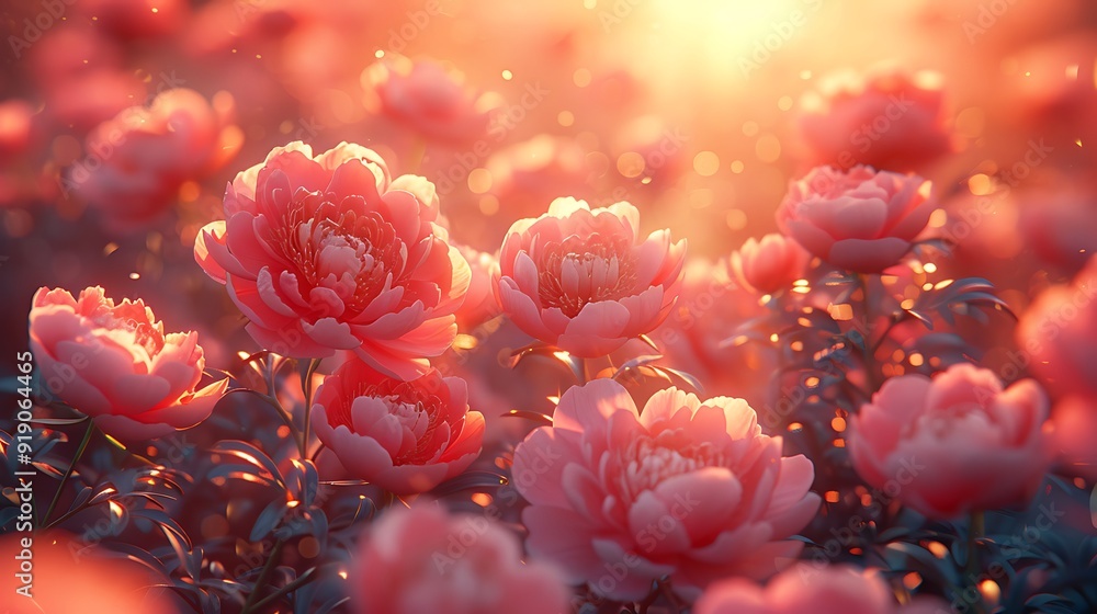 A peony garden at sunset, rows of blooming peonies, golden and pink hues in the sky, soft shadows, enchanting and serene atmosphere, anime style, hd quality, natural look. --ar 16:9 --v 6.0 A peony garden at sunset, rows of blooming peonies, golden and pink hues in the sky, soft shadows, enchanting and serene atmosphere, anime style, hd quality, natural look. --ar 16:9 --v 6.0