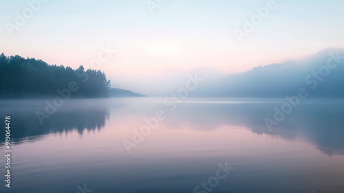 Wallpaper Mural A mist-covered lake reflecting the surrounding trees in the early morning light, The tranquil beauty of a mist-covered lake at dawn Torontodigital.ca