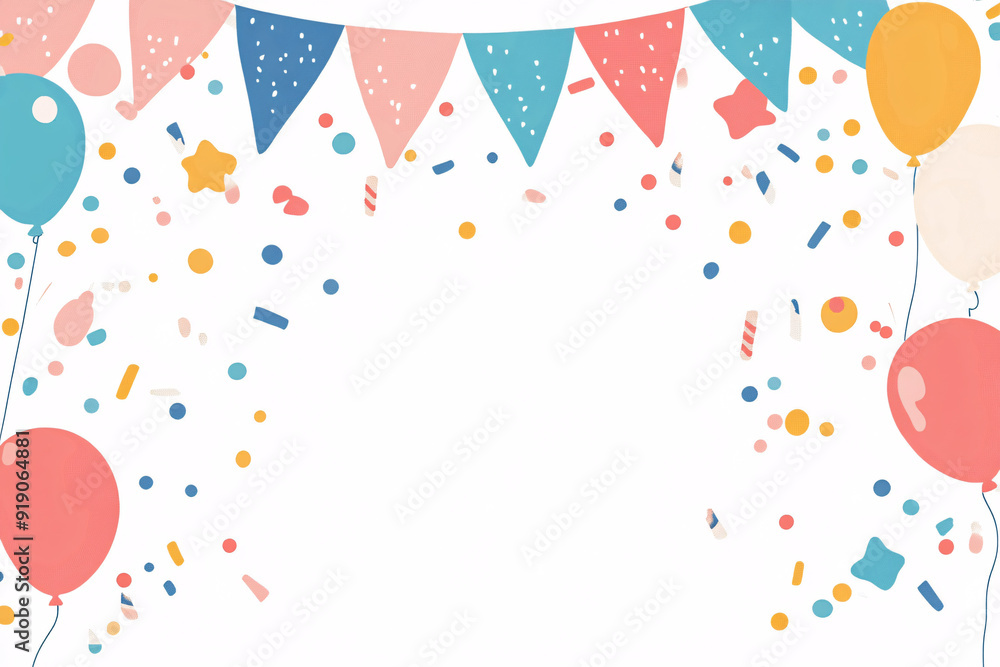 A festive arrangement of colorful bunting, balloons, and confetti decorates the top and sides of a white background, ideal for party invitations or announcements A festive arrangement of colorful bunting, balloons, and confetti decorates the top and sides of a white background, ideal for party invitations or announcements