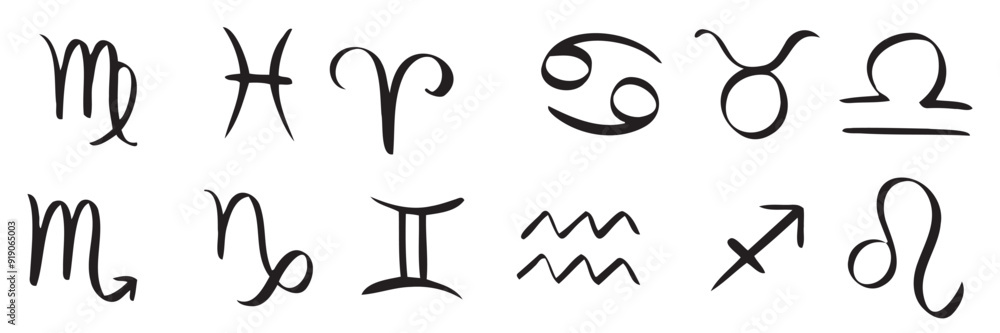 hand drawn zodiac signs doodle esoteric symbol set astrology clipart design elements vector.