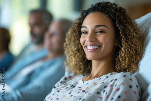 Wallpaper Mural Young woman smiling while recovering in hospital bed with family visiting Torontodigital.ca