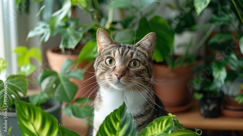  A tabby cat with striking green eyes sits among potted plants in a sunny indoor garden setting.