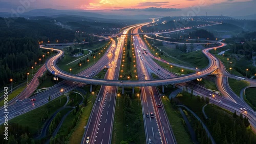 A highway with many lanes and a bridge in the middle. The bridge is lit up with lights and the sky is orange