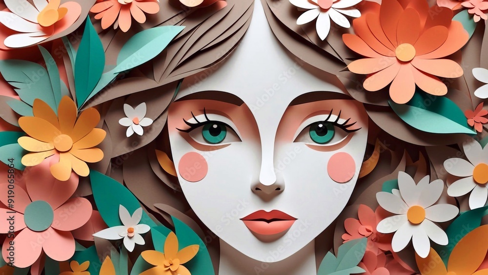 Woman's face with flowers in paper cut style Woman's face with flowers in paper cut style