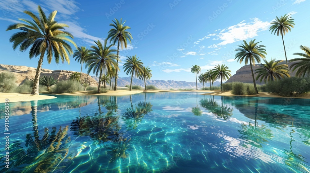 An oasis in the middle of a desert, with palm trees and a crystal-clear water pond reflecting the blue sky.