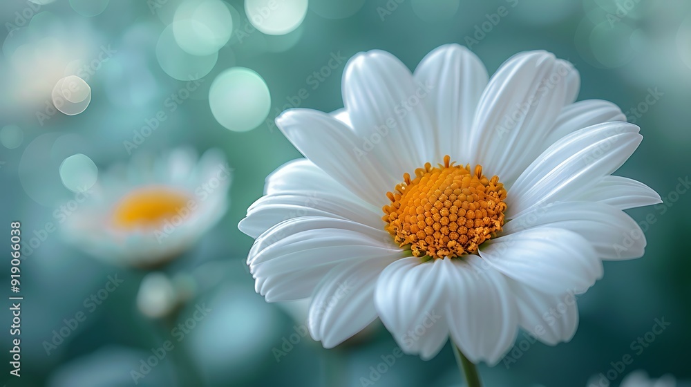 A single daisy in full bloom, vibrant white petals with a yellow center, close-up view, soft green background with bokeh effect, delicate and intricate details, anime style, hd quality, natural look. A single daisy in full bloom, vibrant white petals with a yellow center, close-up view, soft green background with bokeh effect, delicate and intricate details, anime style, hd quality, natural look.