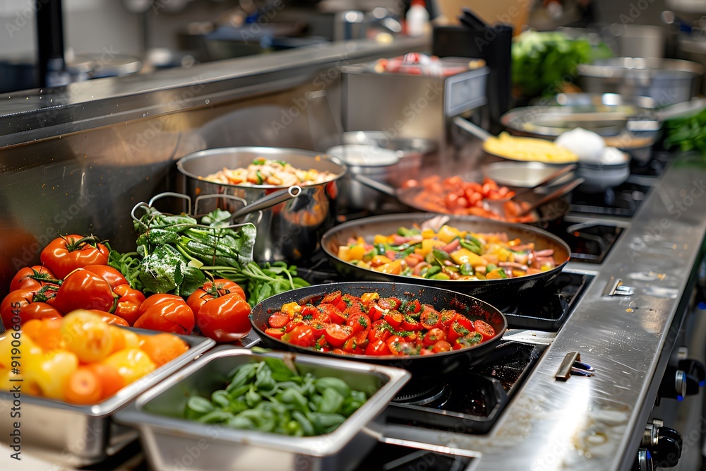 Vibrant Culinary Scene in a Professional Kitchen with Fresh Ingredients and Colorful Dishes Vibrant Culinary Scene in a Professional Kitchen with Fresh Ingredients and Colorful Dishes