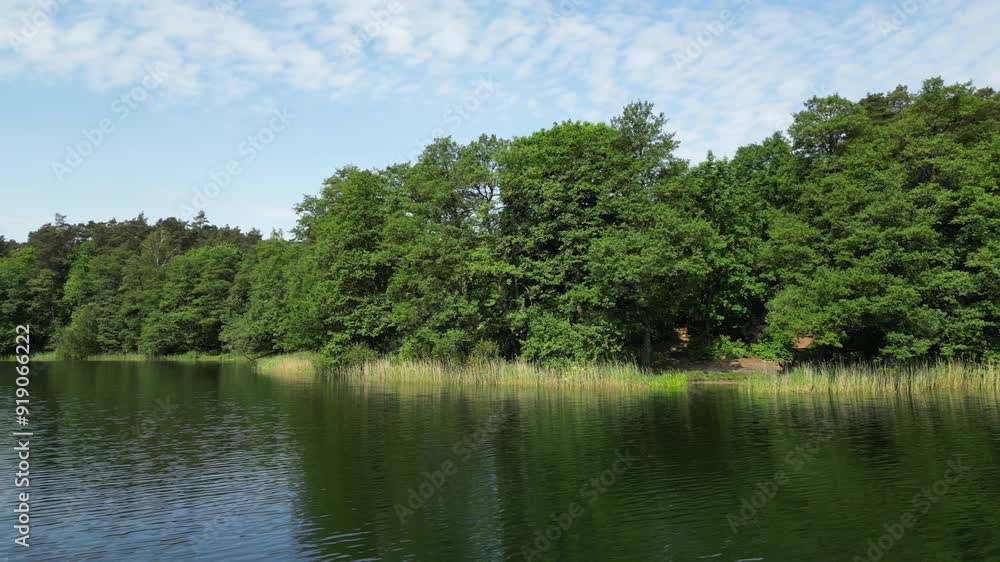 Low drone flight over lake water, view of wooded shoreline Low drone flight over lake water, view of wooded shoreline