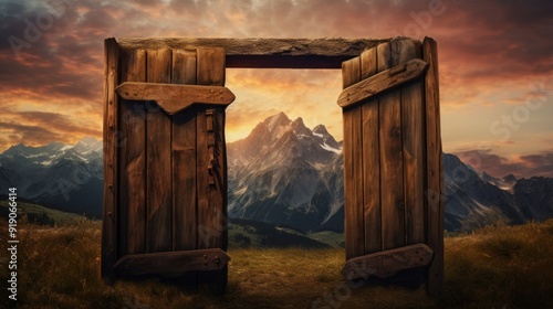 Separated wooden door installed on hill in mountains area in evening. Neural network ai generated art