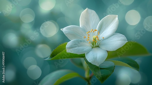 A single jasmine flower in full bloom, delicate white petals, close-up view, soft green background with bokeh effect, intricate details, anime style, hd quality, natural look. --ar 16:9 --v 6.0