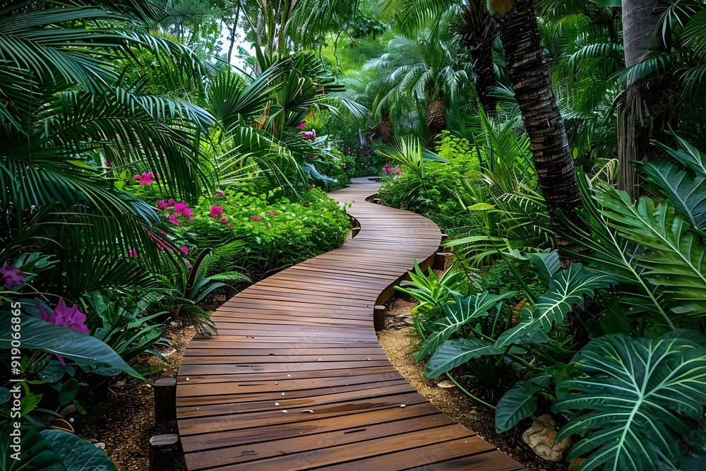Serene Wooden Pathway Through Lush Tropical Garden Serene Wooden Pathway Through Lush Tropical Garden