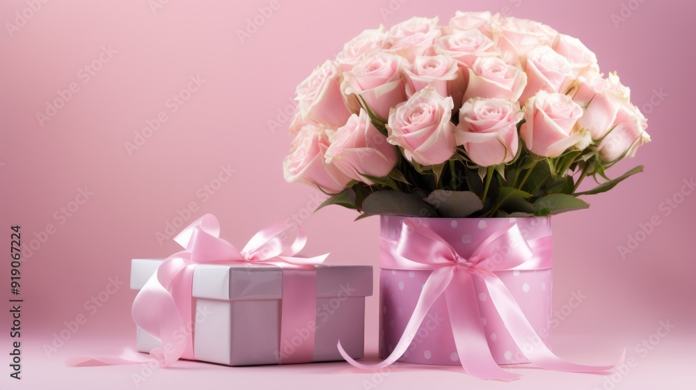 Luxury fresh bouquet of pink roses in gift box on pastel background. Neural network ai generated art Luxury fresh bouquet of pink roses in gift box on pastel background. Neural network ai generated art