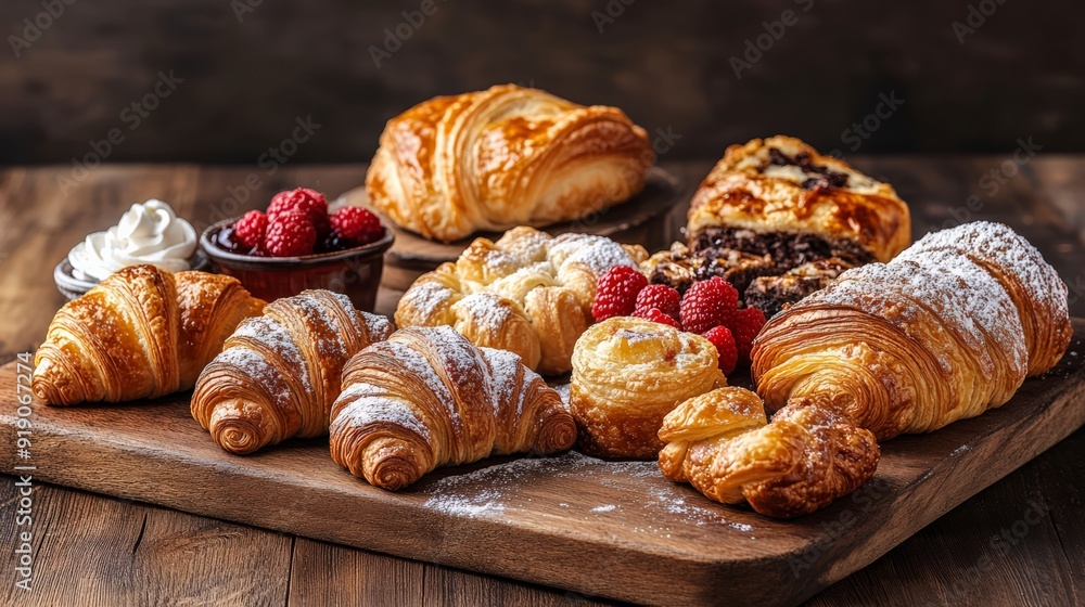 Fototapeta premium Delicious croissants and pastries sitting on rustic wooden board