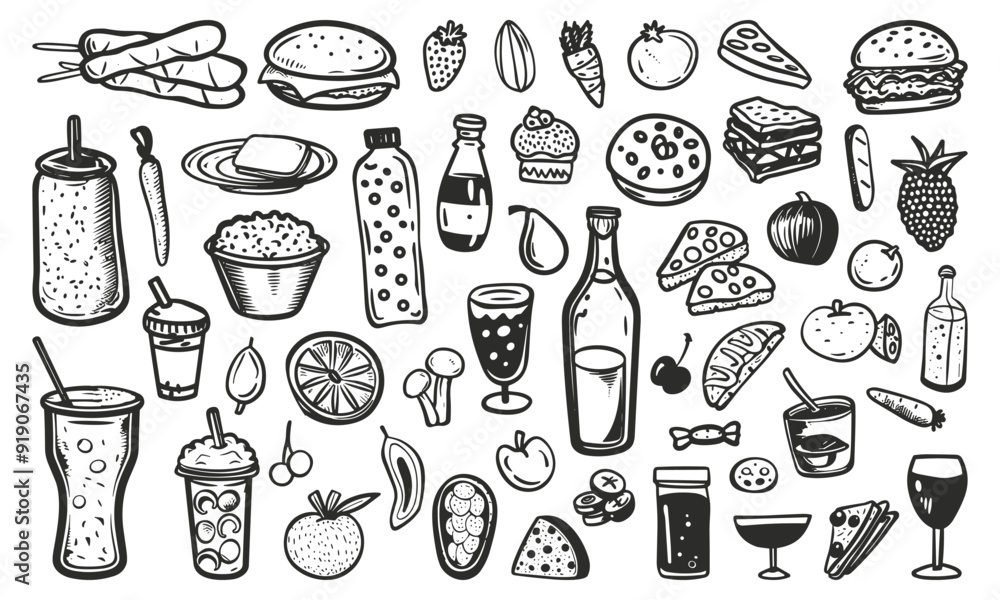 Food and drinks black and white simple doodle set. Variouse cuisine menu decoration cooking recipes elements. Simple stylized forms. Outlined isolated vector clipart collection on white background Food and drinks black and white simple doodle set. Variouse cuisine menu decoration cooking recipes elements. Simple stylized forms. Outlined isolated vector clipart collection on white background