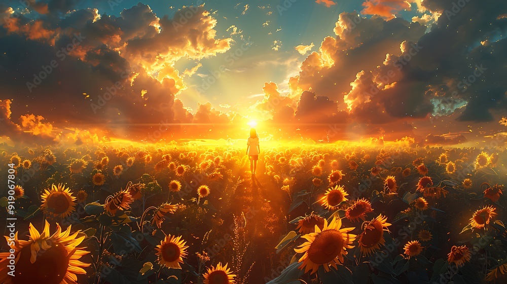 Fototapeta premium A sunflower garden at sunset, rows of blooming sunflowers, golden and pink hues in the sky, soft shadows, enchanting and serene atmosphere, anime style, hd quality, natural look. --ar 16:9 --v 6.0