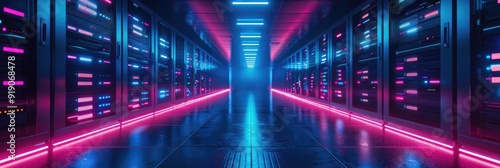 Futuristic data center with glowing neon lights and rows of server racks, showcasing advanced technology and digital infrastructure.