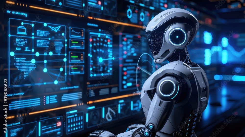 Futuristic robot analyzing complex data on a digital screen. Advanced technology and artificial intelligence concept in a high-tech environment. Futuristic robot analyzing complex data on a digital screen. Advanced technology and artificial intelligence concept in a high-tech environment.