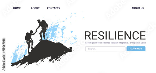 Resilience Mental Health Concept two climbers helping each other on a mountain peak blue abstract background website design landing page template