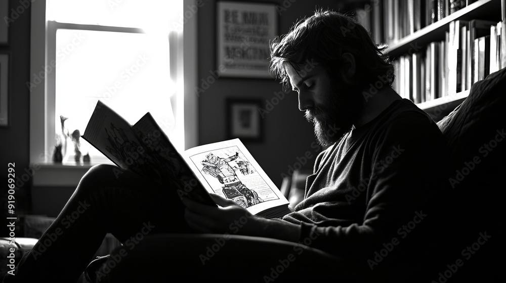 Bearded man reading illuminated ebook in dimly lit room surrounded by bookshelves Atmospheric black and white image of modern literature enthusiast Bearded man reading illuminated ebook in dimly lit room surrounded by bookshelves Atmospheric black and white image of modern literature enthusiast