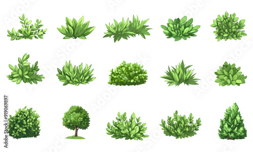 Green bushes set. Green shrubs shrubbery tree. Garden plants. Decorative eco elements for park landscape design botanical nature decor. Cartoon style isolated vector clipart collection