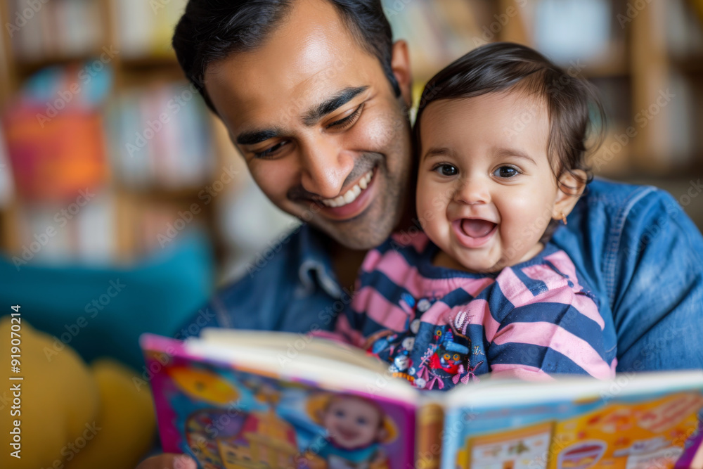 Young smiling Indian father and his little daughter reading a book together Young smiling Indian father and his little daughter reading a book together
