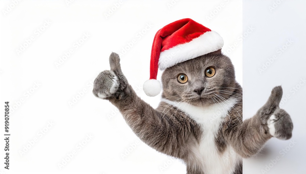 Happy cat in red christmas hat peeking from behind empty board Happy cat in red christmas hat peeking from behind empty board