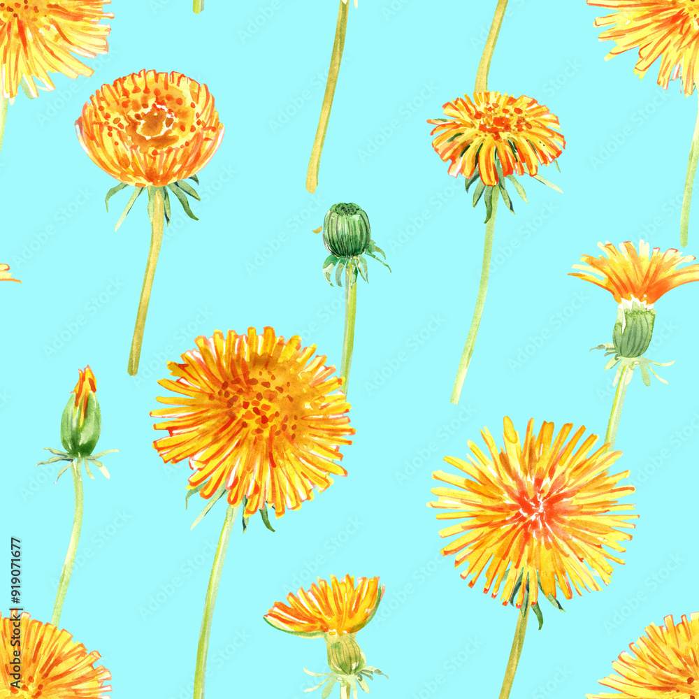 Obraz premium Dandelions watercolor seamless pattern. Yellow summer spring flowers.