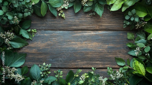 Green Leaves and White Flowers Framing a Weathered Wooden Background