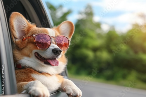 Corgi dog wearing sunglasses. Perfect for a fun and lighthearted image for pet travel and adventure. photo